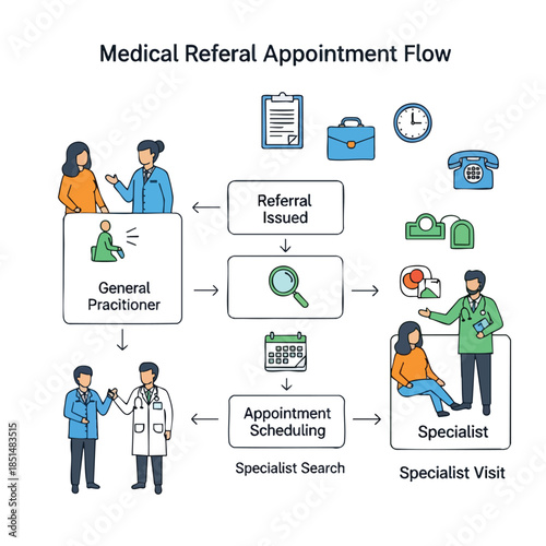 Flowchart illustrating medical referral appointment process, featuring icons and figures