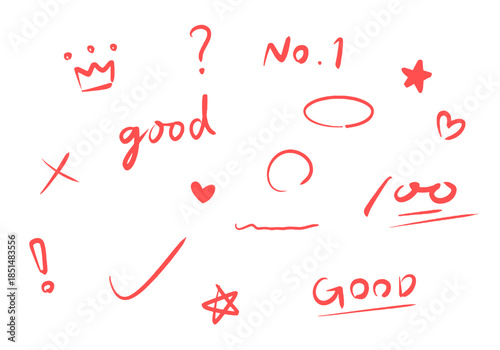 赤色の手描き風落書きマークや記号、文字を集めたベクターセット。チェックや星、王冠、No.1など、強調や注目表現に使いやすいデザイン素材。 試験　教育　教科書　検定