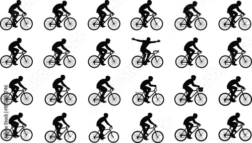 Collection of Cyclist Silhouettes Vector Set, Different Poses of Men on Road Bikes in a Grid Pattern, Ideal for Sports, Fitness, and Transportation Design.