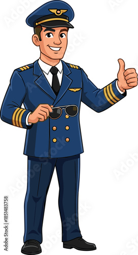 Pilot cartoon character, aviation uniform illustration, thumbs up gesture, aviator sunglasses, confident airline captain, professional flight crew, cad drawing flat vector illustration
