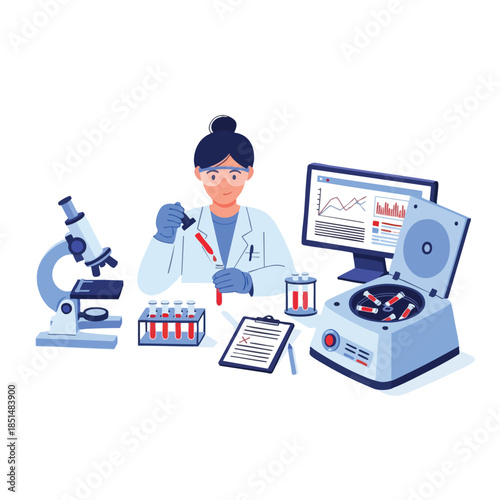 A lab scene shows a scientist, equipment, charts, and red liquids