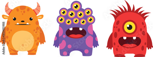 Set of Three Cute and Colorful Monster Characters Including One Eyed and Multi Eyed Creatures Isolated on White Background for Kids Illustration