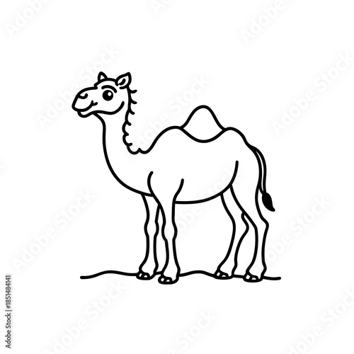 A simple black and white line art illustration of a dromedary camel standing on a sandy ground, depicted in a cartoon style.