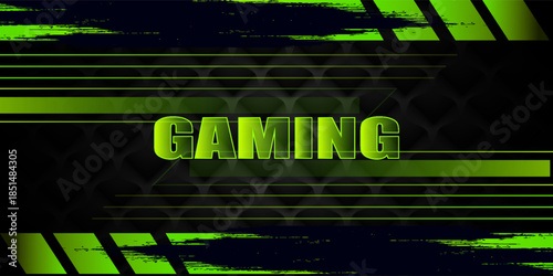 Futuristic green and black abstract gaming banner design with metal technology concept. Vector illustration