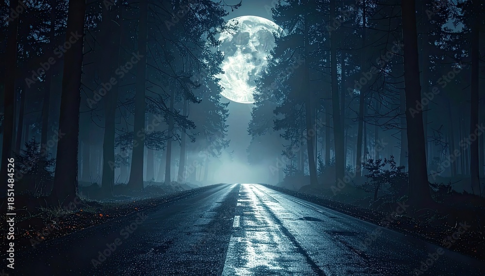 Fototapeta premium A dark, misty forest road illuminated by a dramatic full moon at night.