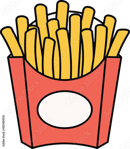 A colorful flat vector illustration of crispy golden French fries in a red paper container for fast food and snack concepts