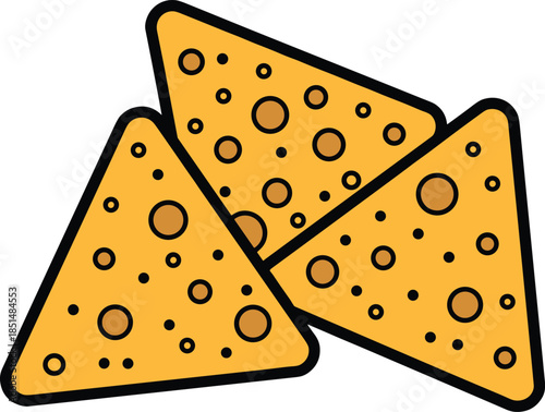 A colorful flat vector illustration of crunchy triangular tortilla nacho chips with seasoning spots isolated on a clean white background