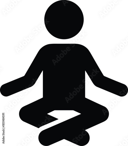 A minimalist black silhouette of a person sitting in a cross legged lotus pose for yoga meditation mindfulness and spiritual wellness concepts