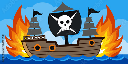 A burning pirate ship on the high seas its masts engulfed in flames.