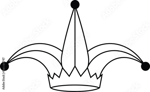 Simple black and white line art illustration of a three pointed jester hat with bells for carnival circus and medieval entertainment concepts