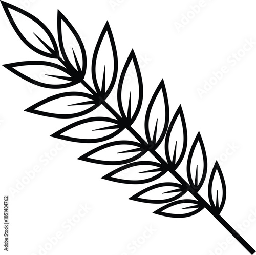Simple black and white line art illustration of a wheat sprig or leafy branch with multiple small leaves on a single stem isolated on white
