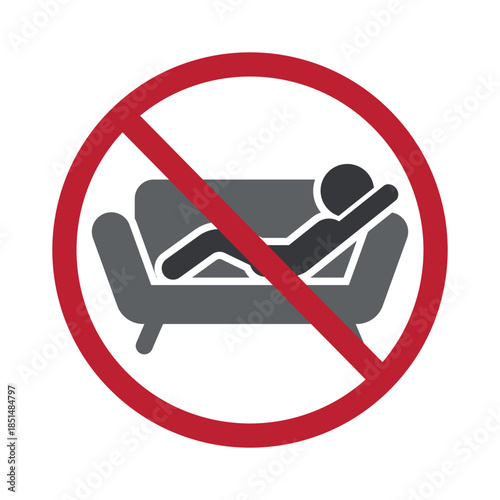 Isolated prohibition sign showing person lying on sofa, symbolizing no resting, discouraging laziness, unhealthy lifestyle, store guidance, and restricted relaxation.