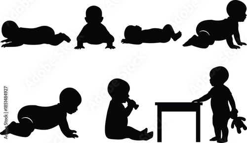 Baby development silhouette set, infant growth stages, crawling, sitting, standing, playing, black vector icons, early childhood, motor skills