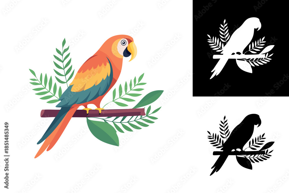 Obraz premium Vibrant Macaw Parrot Perched on a Branch Surrounded by Lush Green Foliage