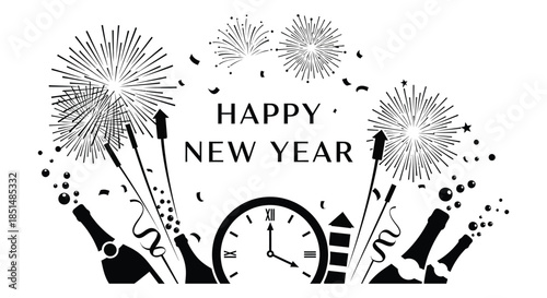 A joyous new year celebration featuring fireworks champagne and a clock striking midnight