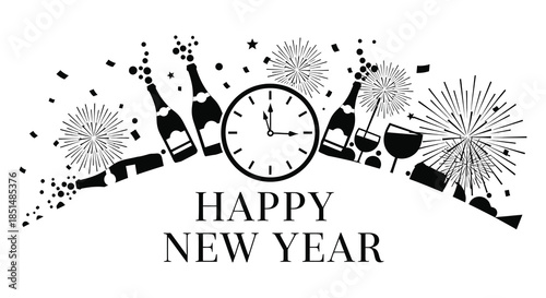 A festive new year illustration featuring champagne bottles glasses fireworks and a clock