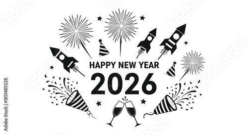 Festive new year s celebration with fireworks rockets champagne and party decorations for 2026