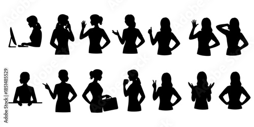 Silhouettes of a woman in varied gestures and activities—working, presenting, pointing, waving—ideal for corporate posters, training materials