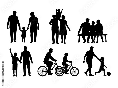 Silhouettes of adults and children in family bonding scenes—walking, playing, cycling, sitting