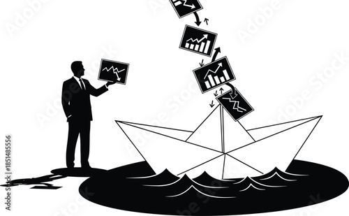 Business crisis, financial loss, sinking paper boat, market instability, economic downturn, corporate failure, recession metaphor, falling trend, business risk, uncertainty