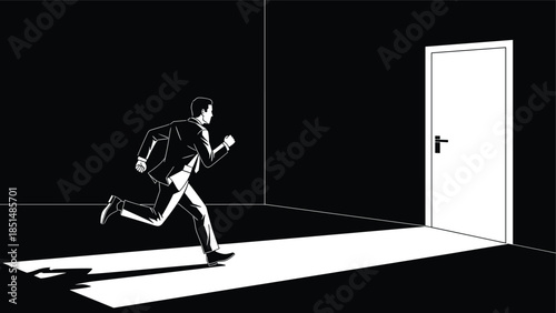 Escape concept, running man, light door, urgency, business stress, dramatic scene, hope metaphor, dark room, breakthrough, opportunity