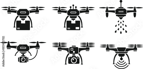 Drone icons with attachments, delivery, spraying, surveillance, mapping, photography, black and white vector, cad drawing flat vector illustration