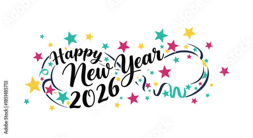 Festive new year 2026 greeting with colorful stars swirls and elegant calligraphy design