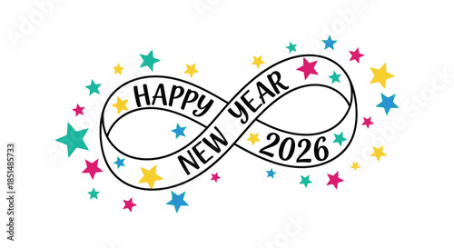 A colorful illustration displaying happy new year 2026 within an infinity loop and stars