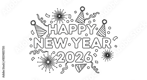 A festive black and white illustration displaying happy new year 2026 with celebratory decorations