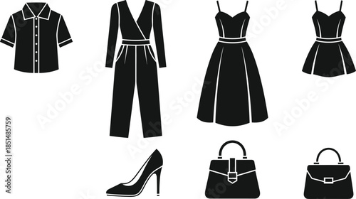 Fashion icons, women clothing, silhouette style, dress vector, handbag design, high heel, CAD drawing, flat vector illustration, black white art