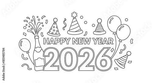 A festive new year illustration with balloons party hats champagne and the year 2026