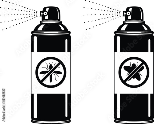 Insect spray cans, mosquito repellent, fly killer, pest control, aerosol mist, black and white, silhouette, hygiene, protection, vector