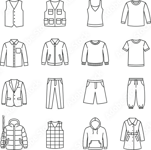 Clothing icon set, vest, tank top, shirt, jacket, hoodie, blazer, pants, shorts, trench coat, fashion illustration vector