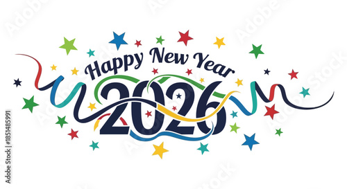 A vibrant new year greeting featuring colorful swirls stars and the year 2026 prominently displayed