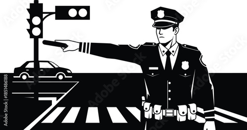 Police officer directing traffic, intersection control, pedestrian crosswalk, red light, car stopped, safety enforcement, silhouette, black and white, vector