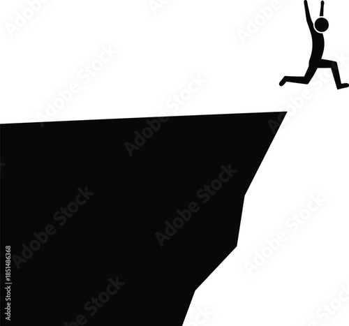 Silhouette of stick figure jumping off high cliff edge into air, concept of taking risk, brave leap of faith, overcoming fear