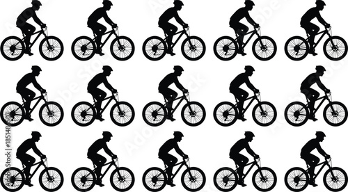 Cyclist silhouette set, person riding bicycle, helmet, mountain bike, side profile, black vector icons, sports, outdoor activity illustration