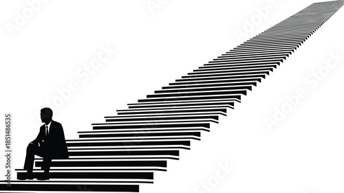 Silhouette person on stairs, contemplative pose, black and white, perspective depth, ambition, journey, solitude, growth, challenge, vector art