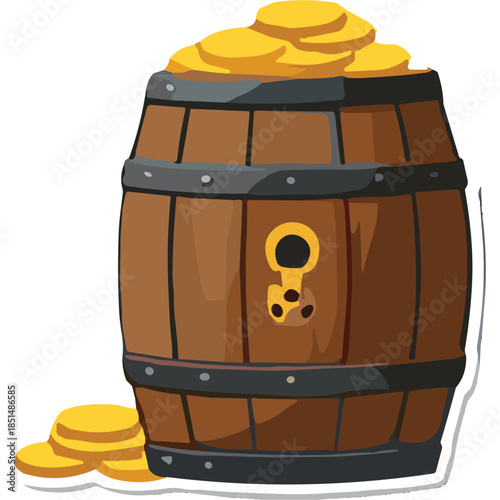 Cartoon Barrel Overflowing with Gold Coins