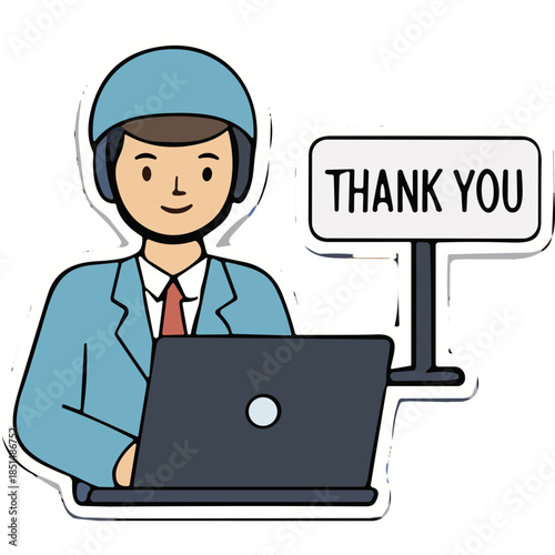 Cartoon Call Center Agent with Laptop and 