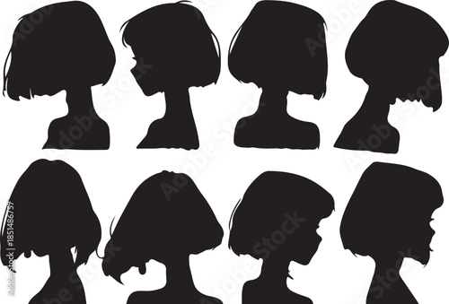 Collection of eight black silhouettes depicting short-haired heads, showcasing various side profiles and bob haircuts, ideal for anonymous character representation or diverse style concepts