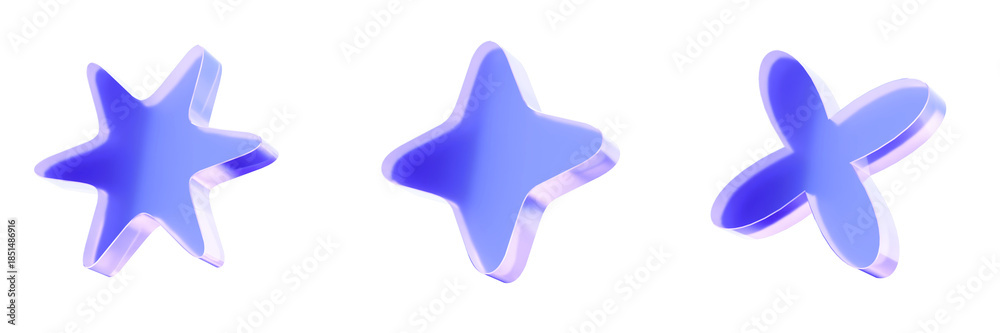 Fototapeta premium Set 3D Glass sparkle, magic star, and glow icon isolated on transparent background, decorative elements for highlight, quality, and creative design. Liquid Glass design icon. 3D rendering