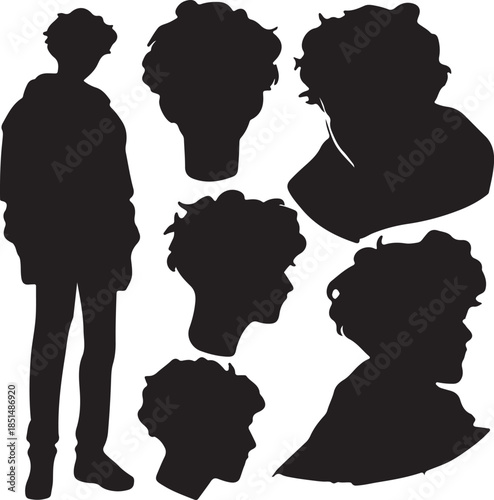 Collection of Silhouettes Full Body and Head Profiles of a Person with Curly Hair, Representing Identity, Mystery, and Anonymity in Diverse Poses