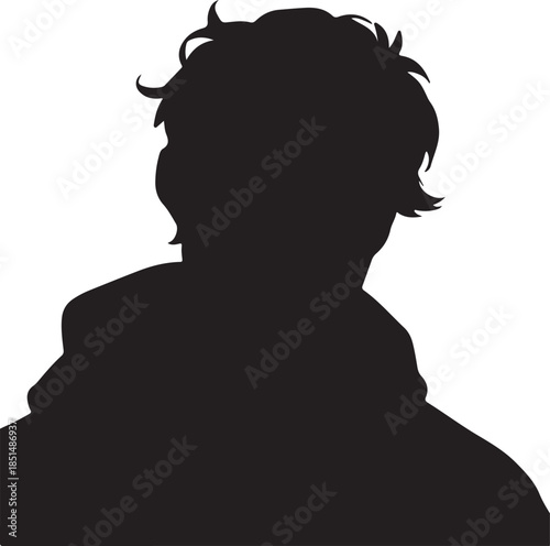 Mysterious Black Silhouette of a Person or Figure with Curly Hair, looking over their shoulder, profile view, anonymous and minimalist on white background
