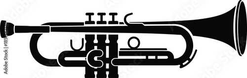 Trumpet, silhouette, music, instrument, brass, jazz, classical, band, sound, melody, performance, horn, valve, bell, tubing, black, white, outline, vector, abstract