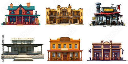 Wild west buildings set transparent background
