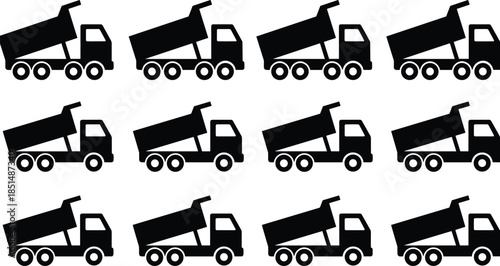 Dump truck silhouette set, construction vehicle icons, tilted bed, black vector illustration, industrial transport, heavy machinery, side profile