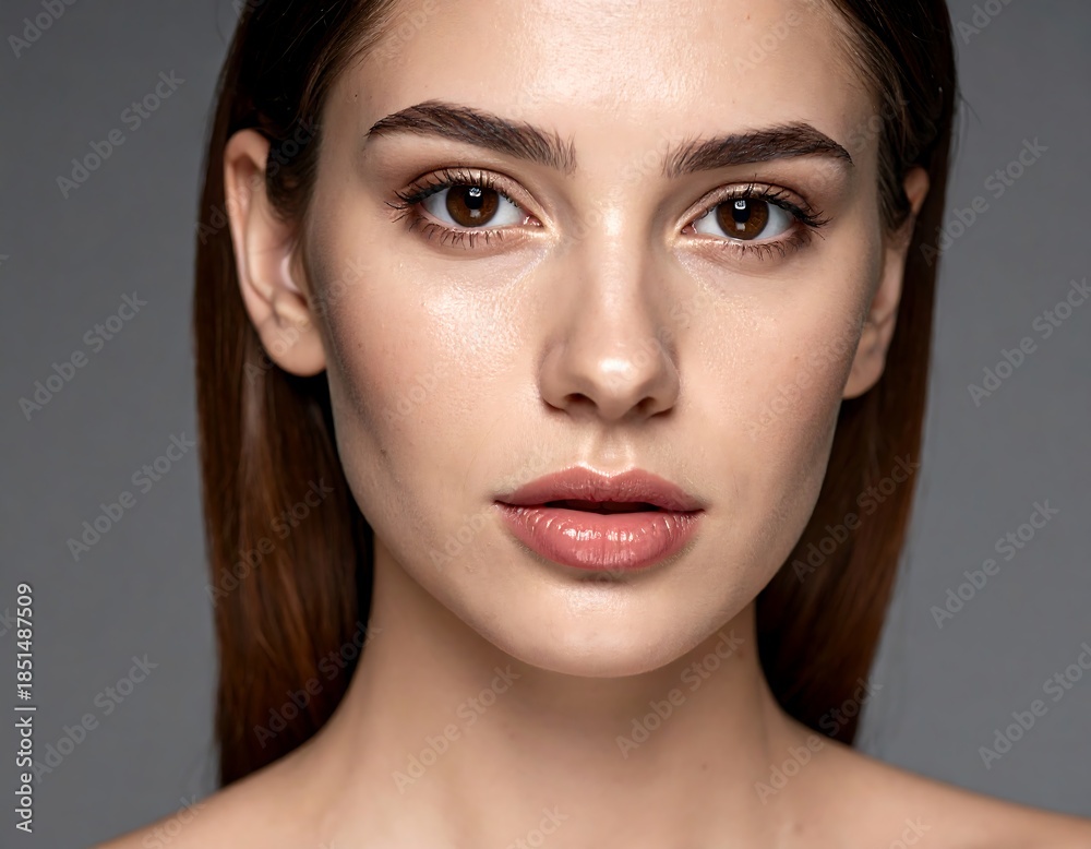 Fototapeta premium Portrait of a woman with brown eyes, straight hair and neutral expression