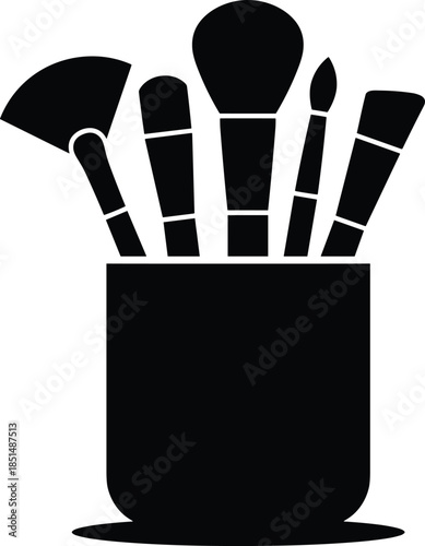 Makeup brush silhouette set, cosmetic tools in container, black vector illustration, beauty accessories, personal grooming, professional makeup icon