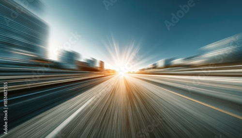 Speeding down an empty highway towards a bright, radiant sun with city buildings